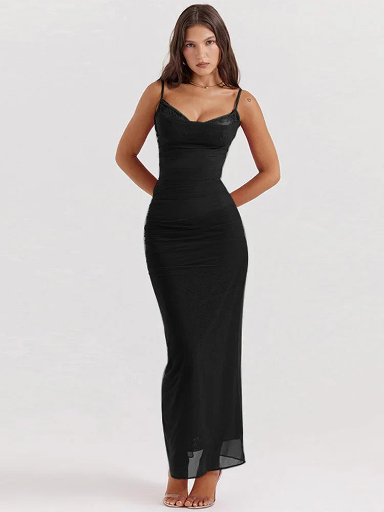 Lace Mesh Slim Strap Bodycon Midi Dress