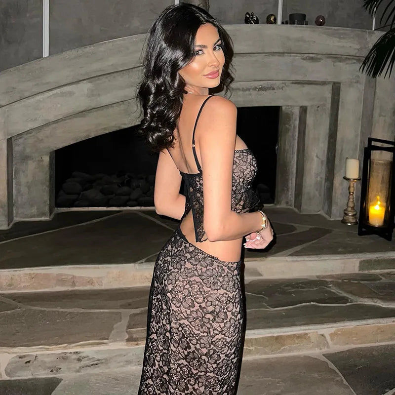 Lace Spaghetti Strap Crop Top Maxi Dress