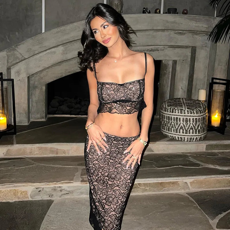 Lace Spaghetti Strap Crop Top Maxi Dress