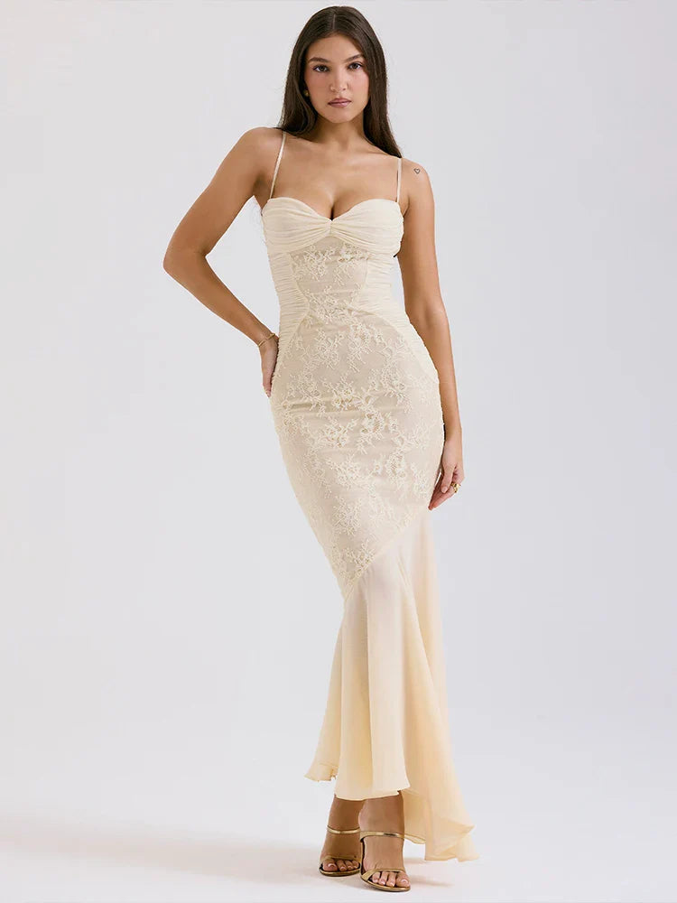 Lace Pleated Bodycon Mermaid Spaghetti Strap Summer Maxi Dress