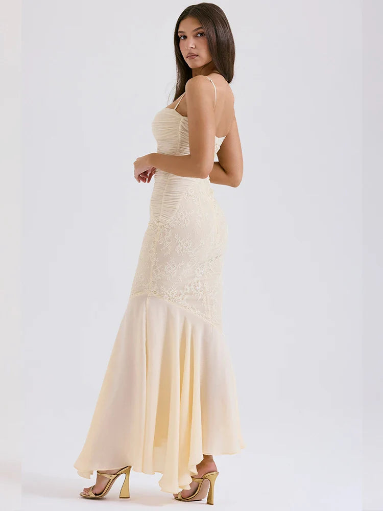 Lace Pleated Bodycon Mermaid Spaghetti Strap Summer Maxi Dress