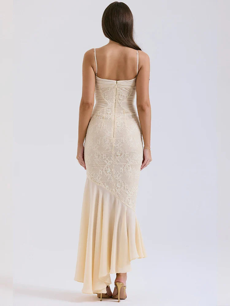 Lace Pleated Bodycon Mermaid Spaghetti Strap Summer Maxi Dress