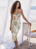 Strapless Lace Print Bodycon Midi Dress