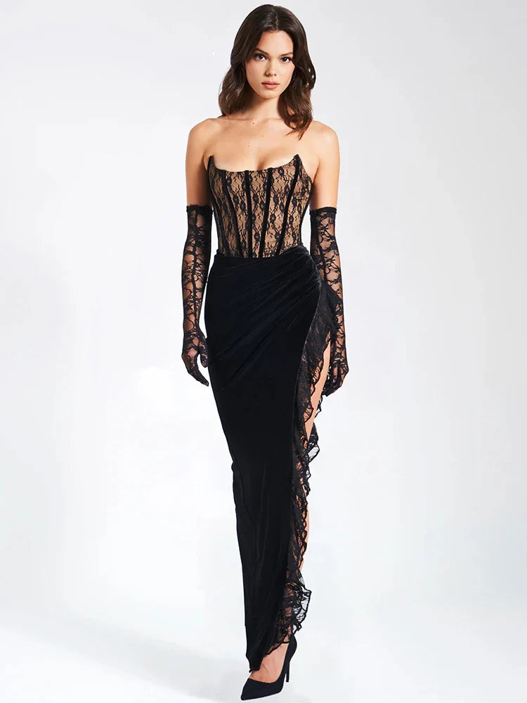 Lace Patchwork High Split Elegant Midi Dress