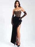 Lace Patchwork High Split Elegant Midi Dress
