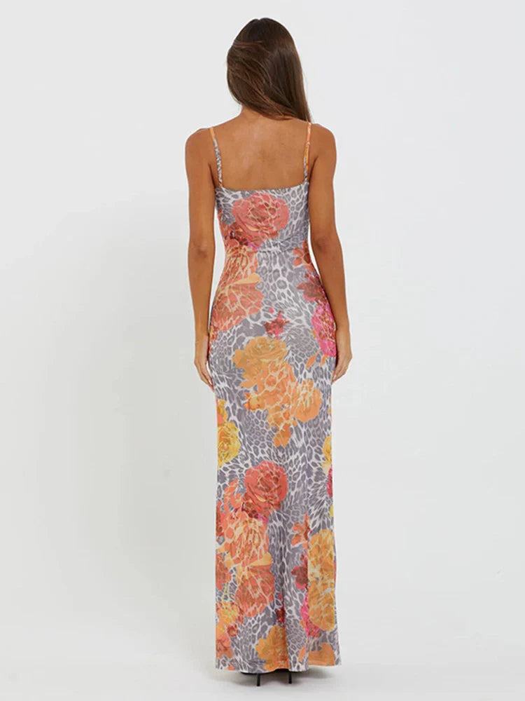 Lace Side Print Slim Bodycon Backless Maxi Dress