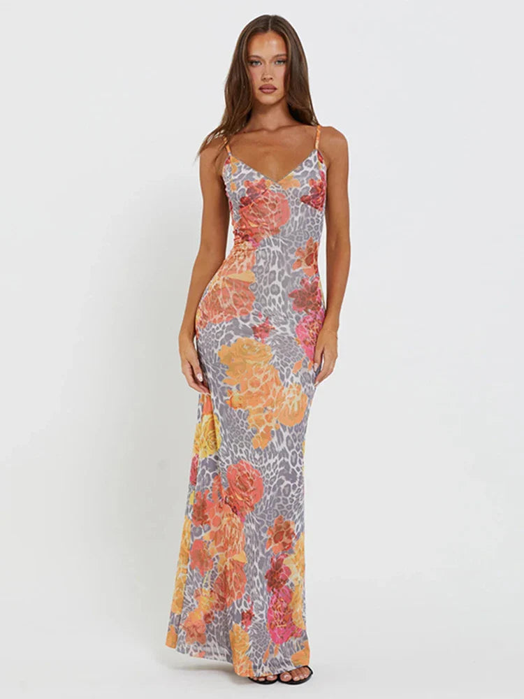 Lace Side Print Slim Bodycon Backless Maxi Dress