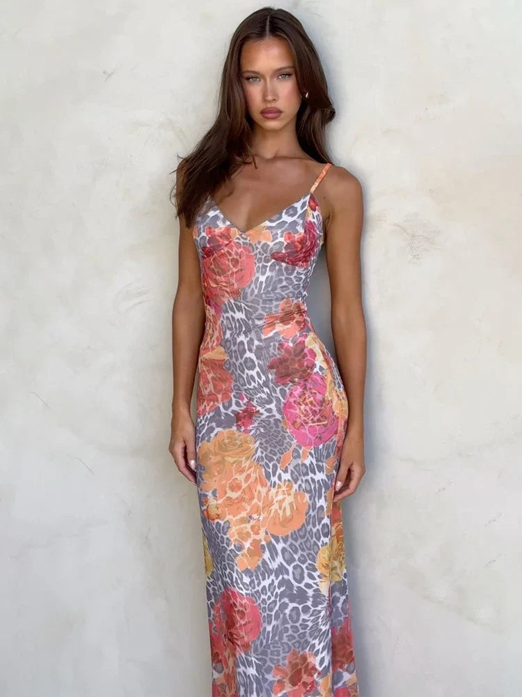 Lace Side Print Slim Bodycon Backless Maxi Dress