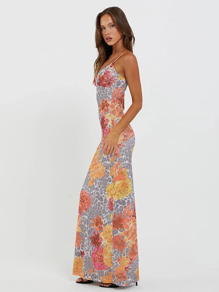 Lace Side Print Slim Bodycon Backless Maxi Dress