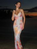Lace Side Print Slim Bodycon Backless Maxi Dress