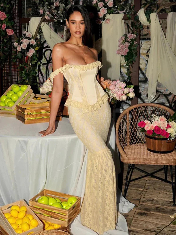 Mermaid Off-Shoulder Lace Patchwork Backless Maxi Dress