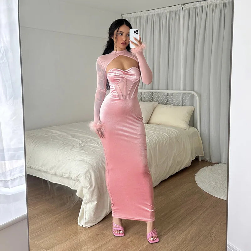 Mesh Long Sleeve Elegant Bodycon Midi Dress