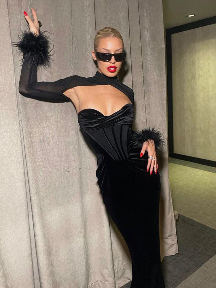 Mesh Long Sleeve Elegant Bodycon Midi Dress