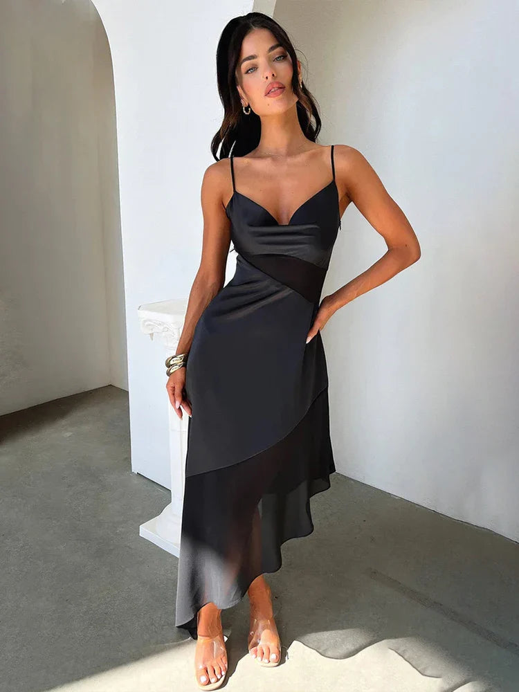 Mesh Patchwork Long Spaghetti Strap Asymmetric Maxi Dress