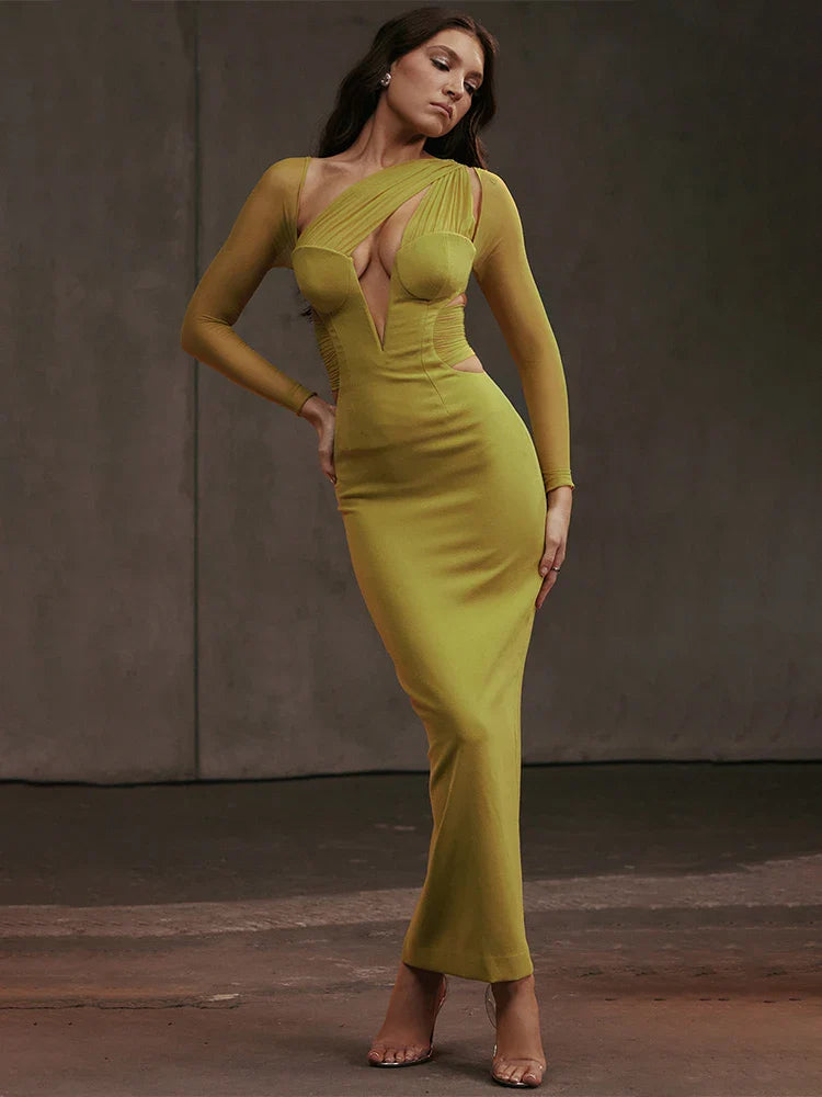 Mesh Patchwork One Shoulder Slim Midi Dress