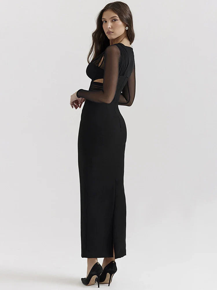 Mesh Patchwork One Shoulder Slim Midi Dress