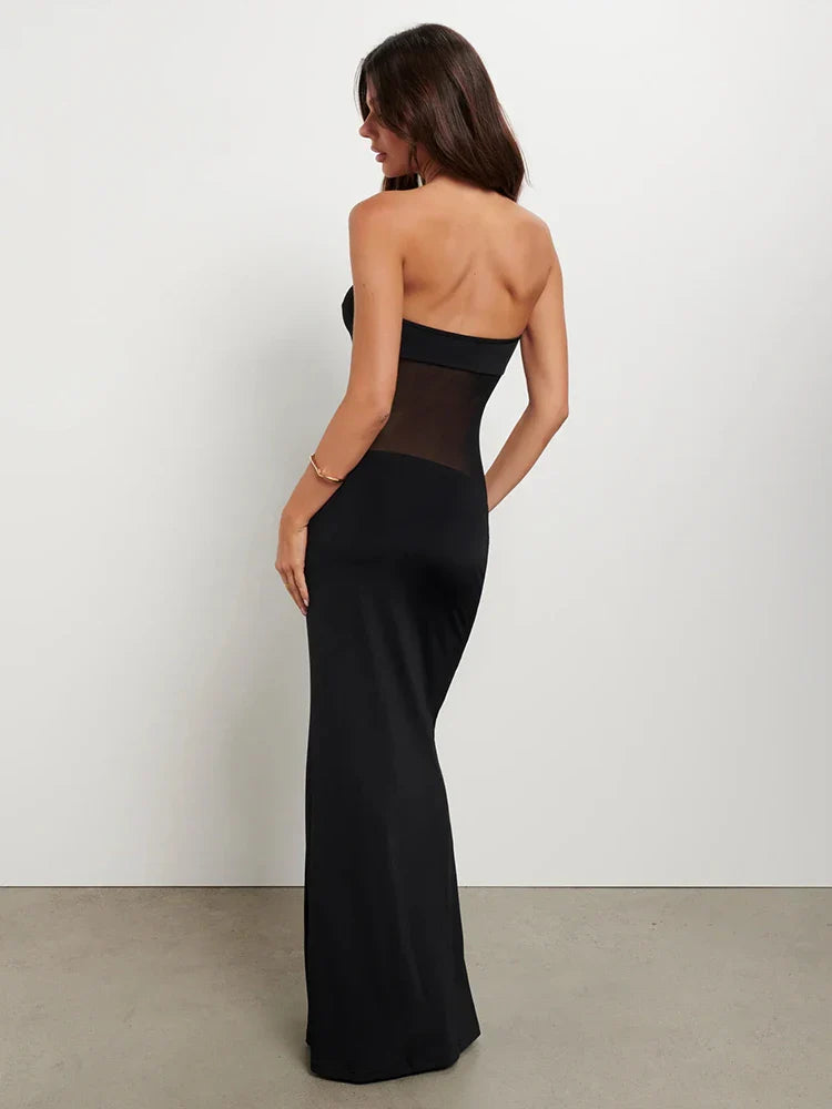 Mesh Patchwork Strapless Backless Party Maxi Dress