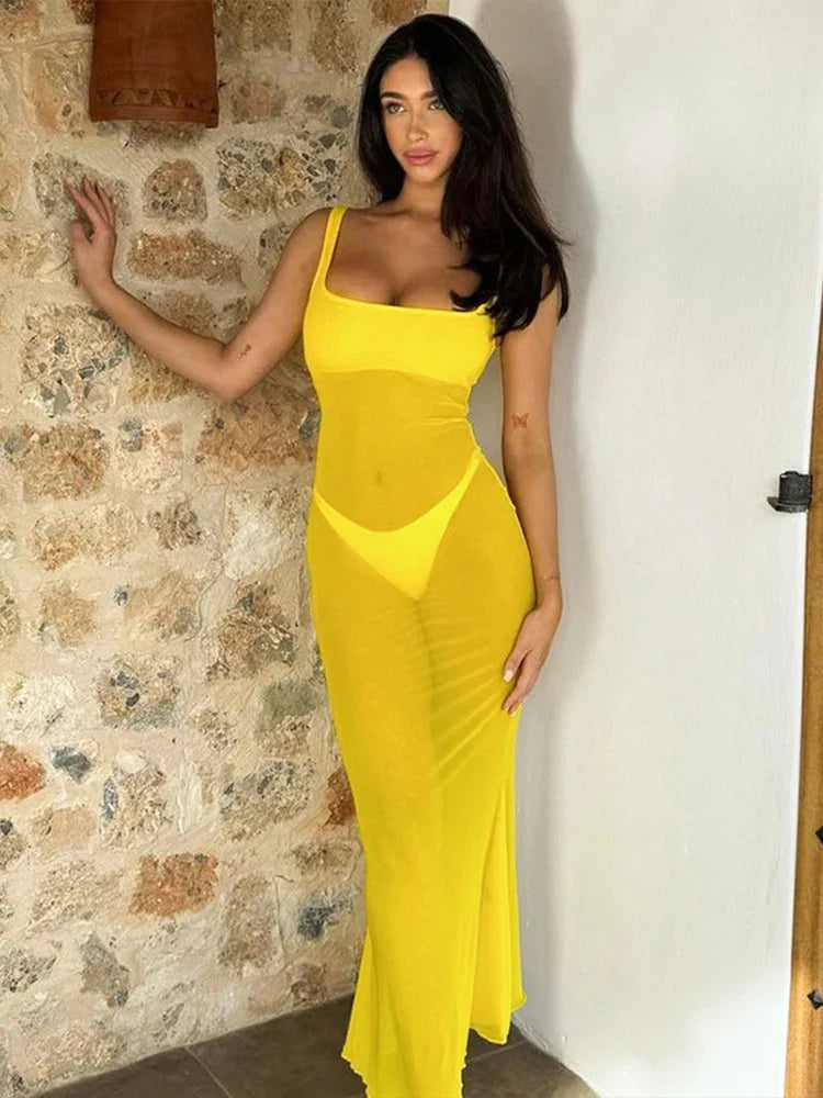 Mesh Perspective Spaghetti Strap Slim Bodycon Spring Maxi Dress