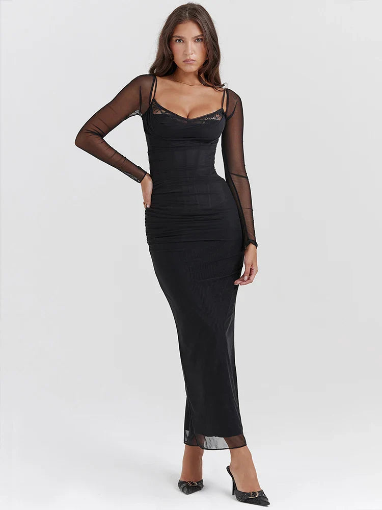 Mesh Pleated Slim Bodycon Backless Nightclub Maxi Dress