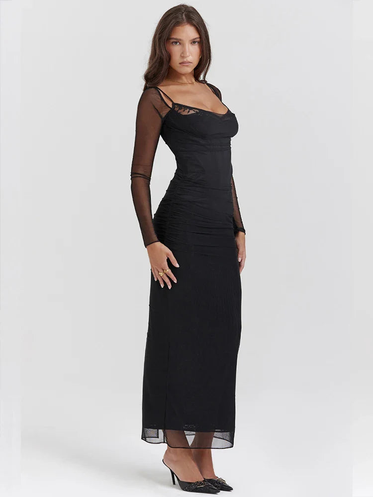 Mesh Pleated Slim Bodycon Backless Nightclub Maxi Dress
