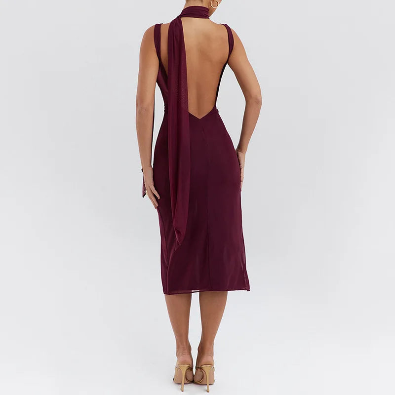 Mesh Split Backless Slim Strap Midi Dress