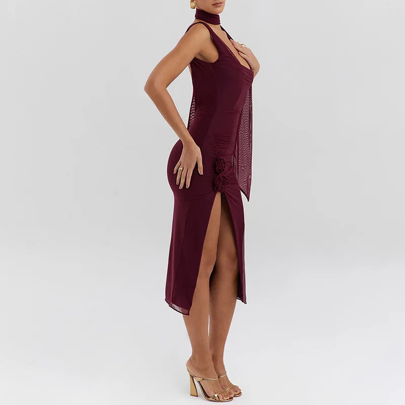 Mesh Split Backless Slim Strap Midi Dress