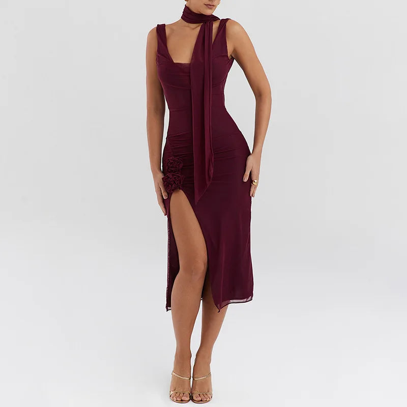 Mesh Split Backless Slim Strap Midi Dress