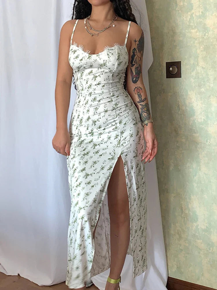 Printed Strap Slim Bodycon High Split Midi Dress