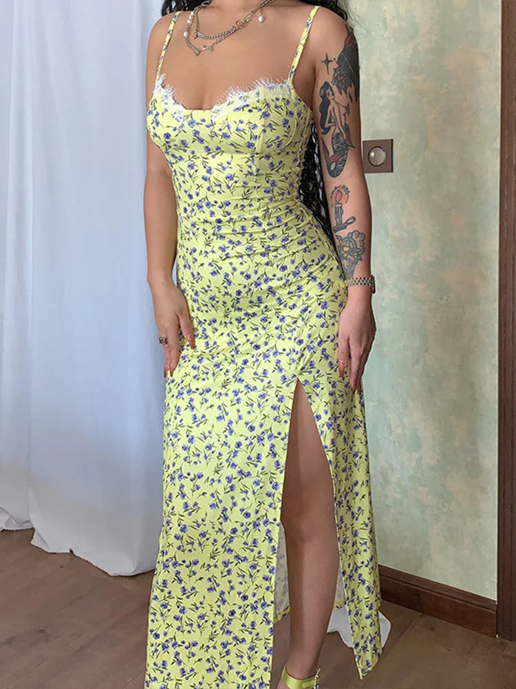Printed Strap Slim Bodycon High Split Midi Dress