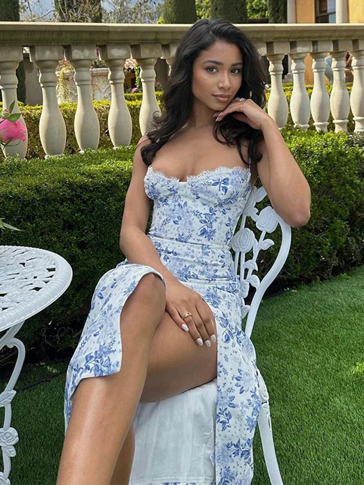 Printed Strap Slim Bodycon High Split Midi Dress
