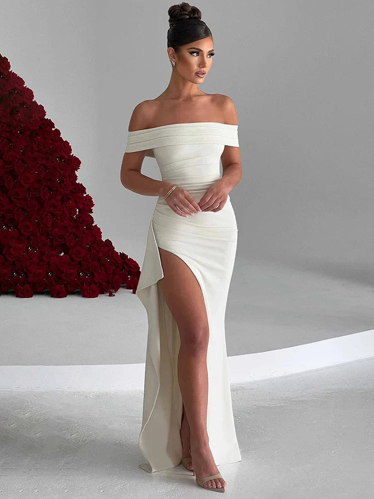 Off Shoulder High Split Backless Party Maxi Dress