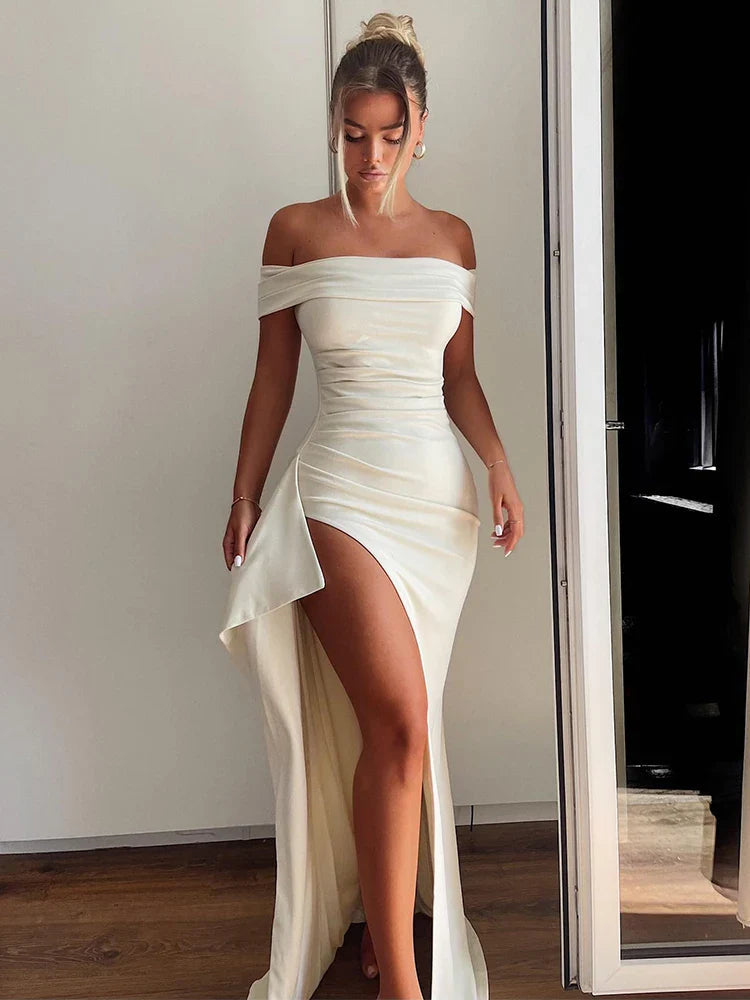 Off Shoulder High Split Backless Party Maxi Dress