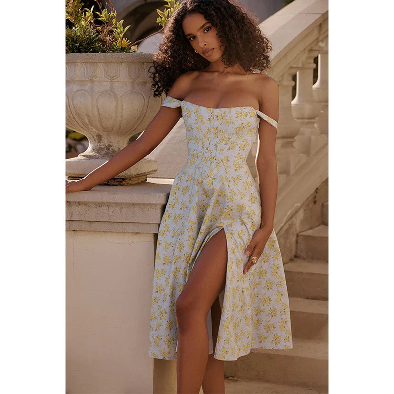 Off Shoulder A Line Split Strap Midi Dress