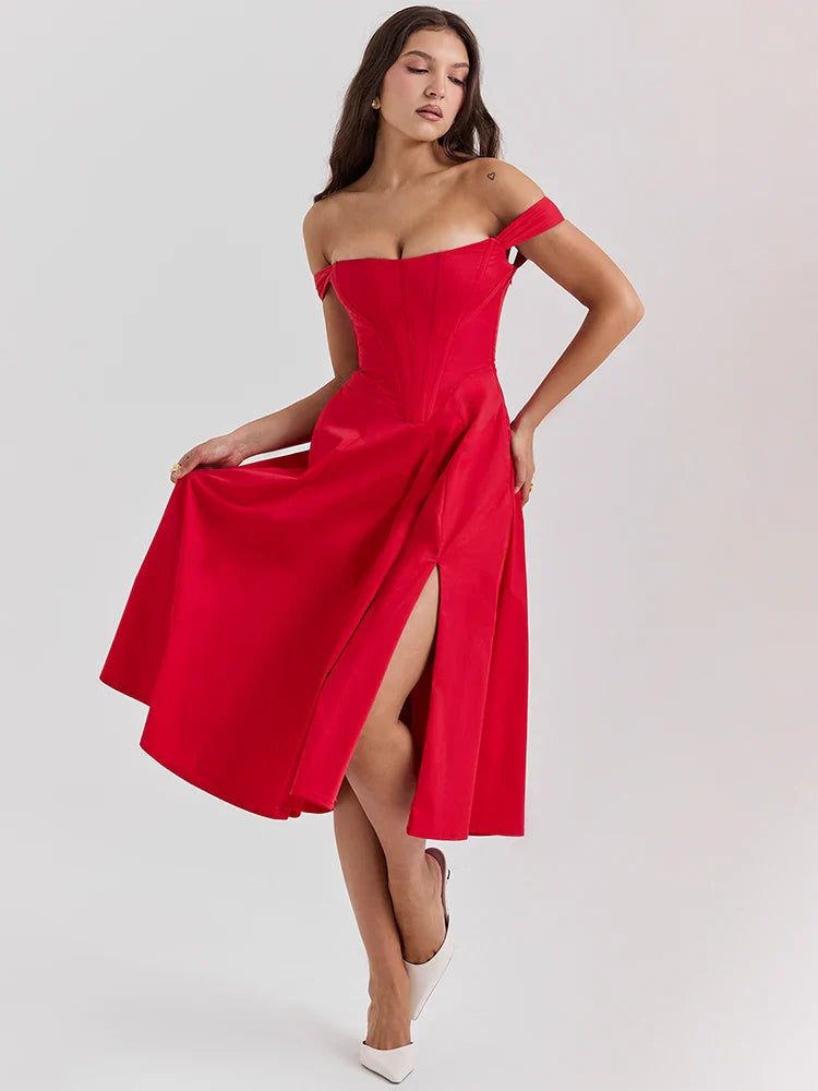 Off Shoulder A Line Split Strap Midi Dress