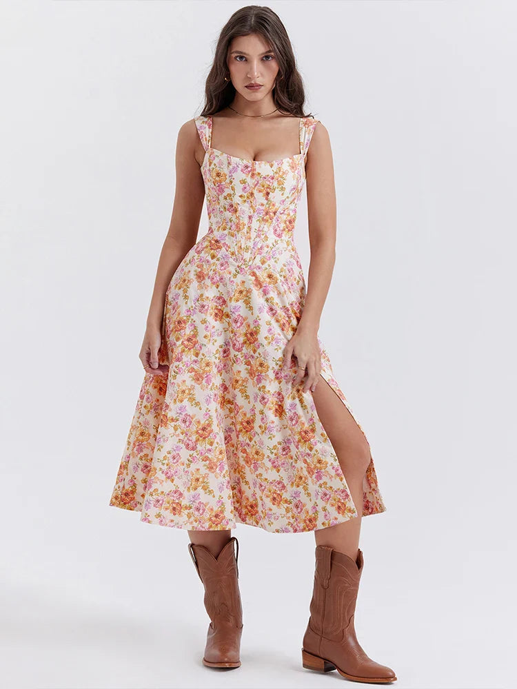 Off Shoulder A Line Split Strap Midi Dress