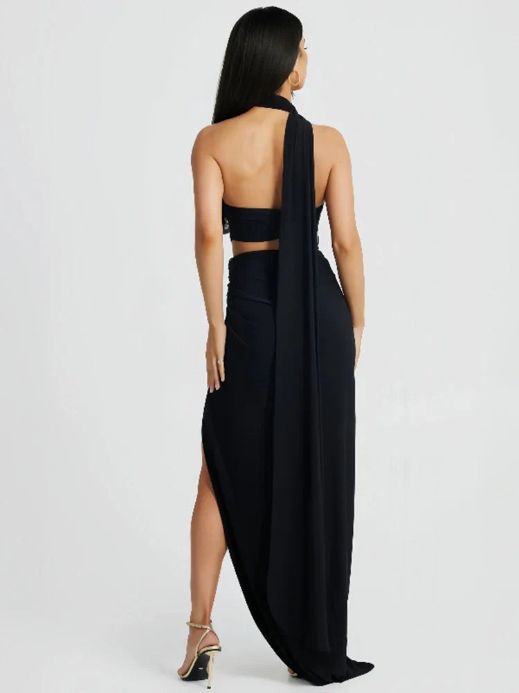 One Shoulder High Split Halter Backless Summer Maxi Dress
