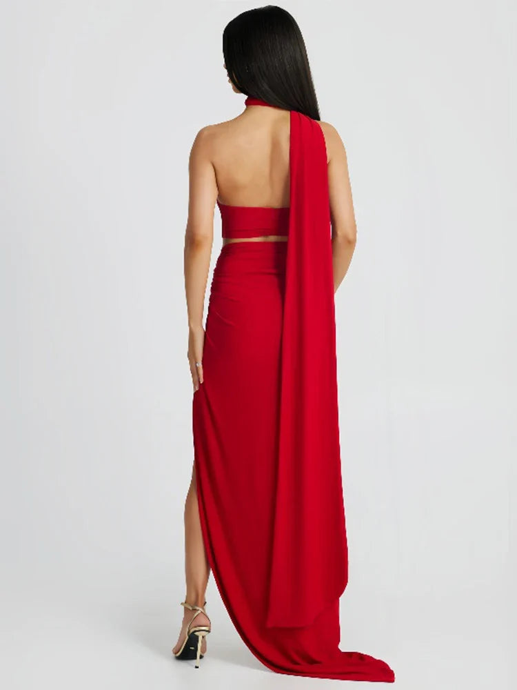 One Shoulder High Split Halter Backless Summer Maxi Dress