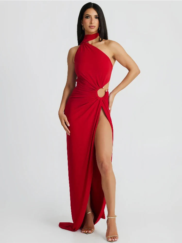 One Shoulder High Split Halter Backless Summer Maxi Dress