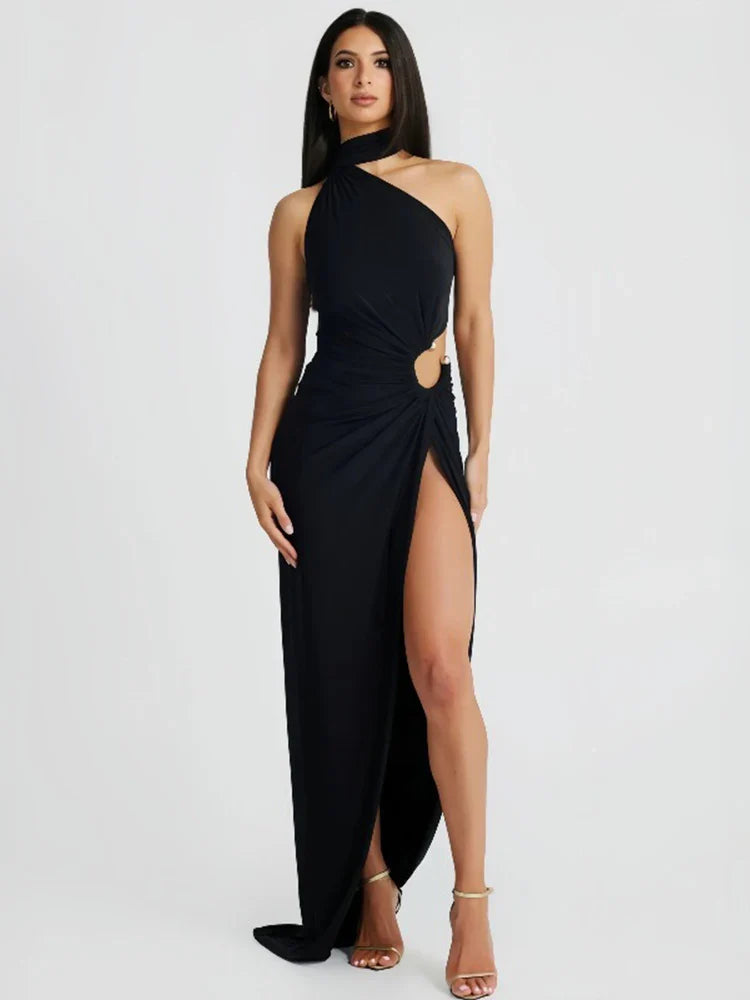 One Shoulder High Split Halter Backless Summer Maxi Dress