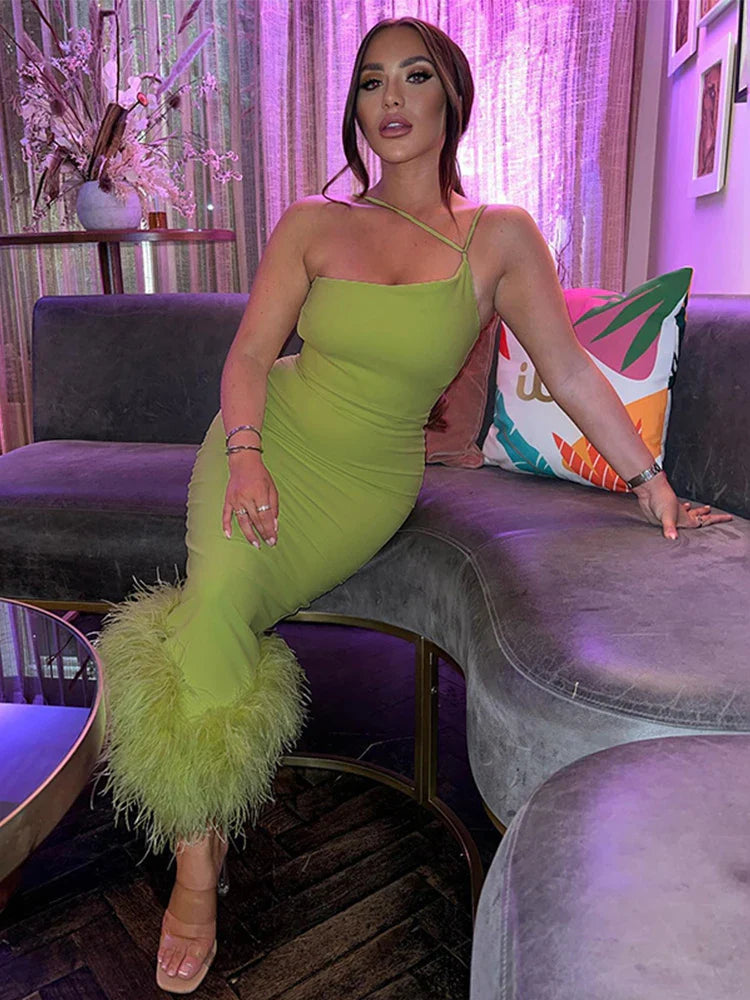 Feather One Shoulder Slim Club Party Midi Dress