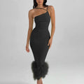 Feather One Shoulder Slim Club Party Midi Dress