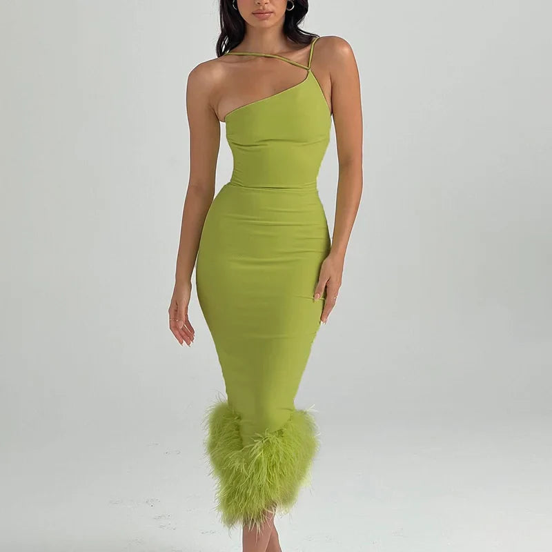 Feather One Shoulder Slim Club Party Midi Dress