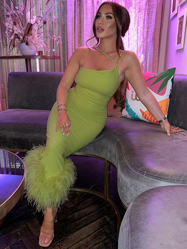 Feather One Shoulder Slim Club Party Midi Dress