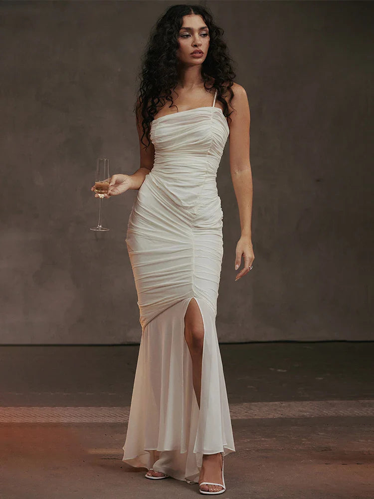 One Shoulder Pleated Slim Bodycon Backless Maxi Dress