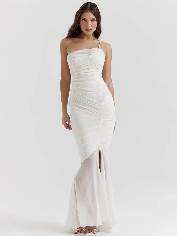One Shoulder Pleated Slim Bodycon Backless Maxi Dress