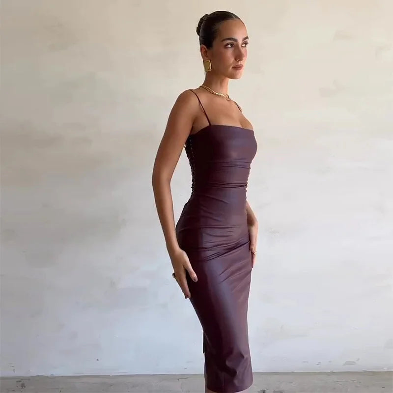 PU Leather Slim Strap Bodycon Midi Dress