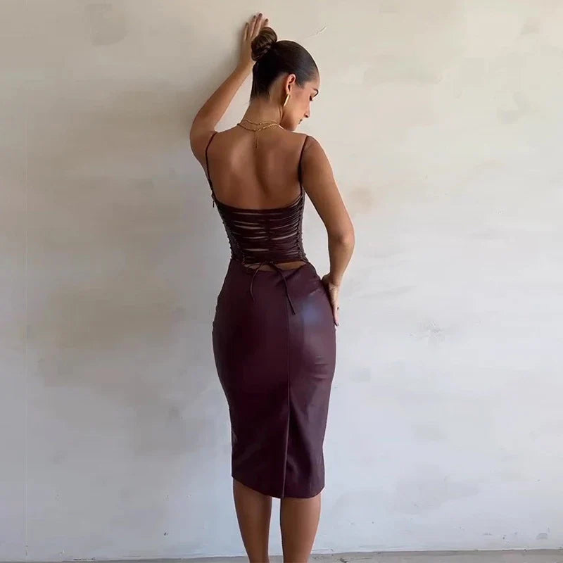 PU Leather Slim Strap Bodycon Midi Dress