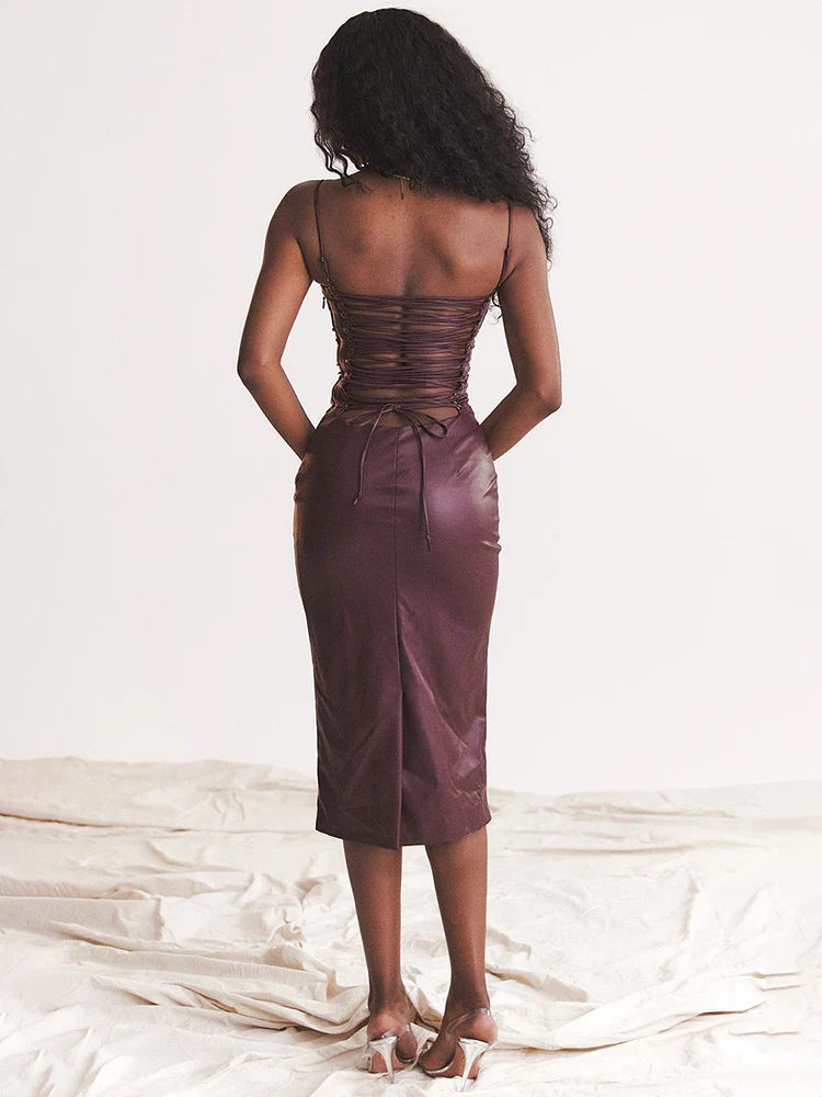 PU Leather Slim Strap Bodycon Midi Dress