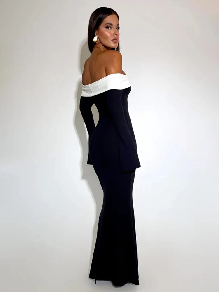 Patchwork Off-Shoulder Nightclub Maxi Dress