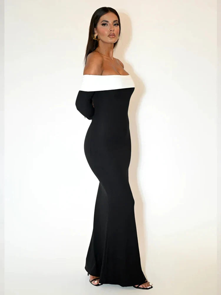 Patchwork Off-Shoulder Nightclub Maxi Dress